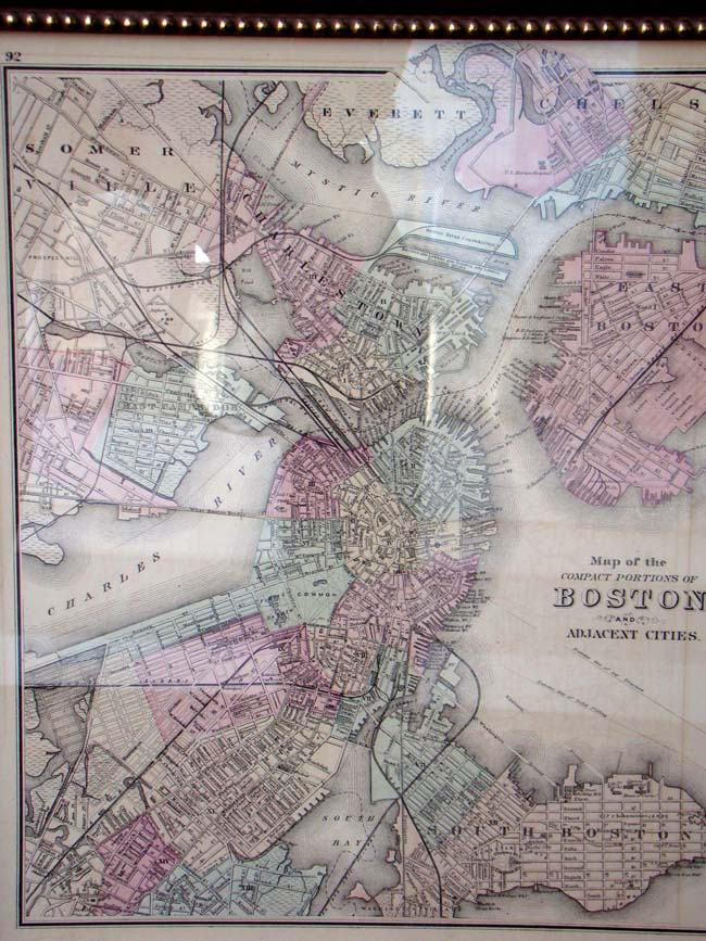 Gray's Map of Boston published in 1873 with the reverse side showing a Map of Massachusetts and Rhode Island in a double glass sided custom frame. — image 2